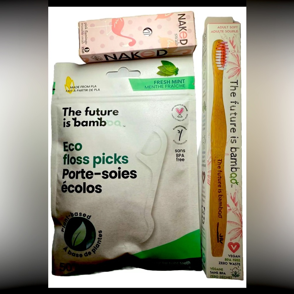 Eco Friendly Stocking Stuffer Bundle - Bamboo Toothbrush, Flossers, QTip - Pink